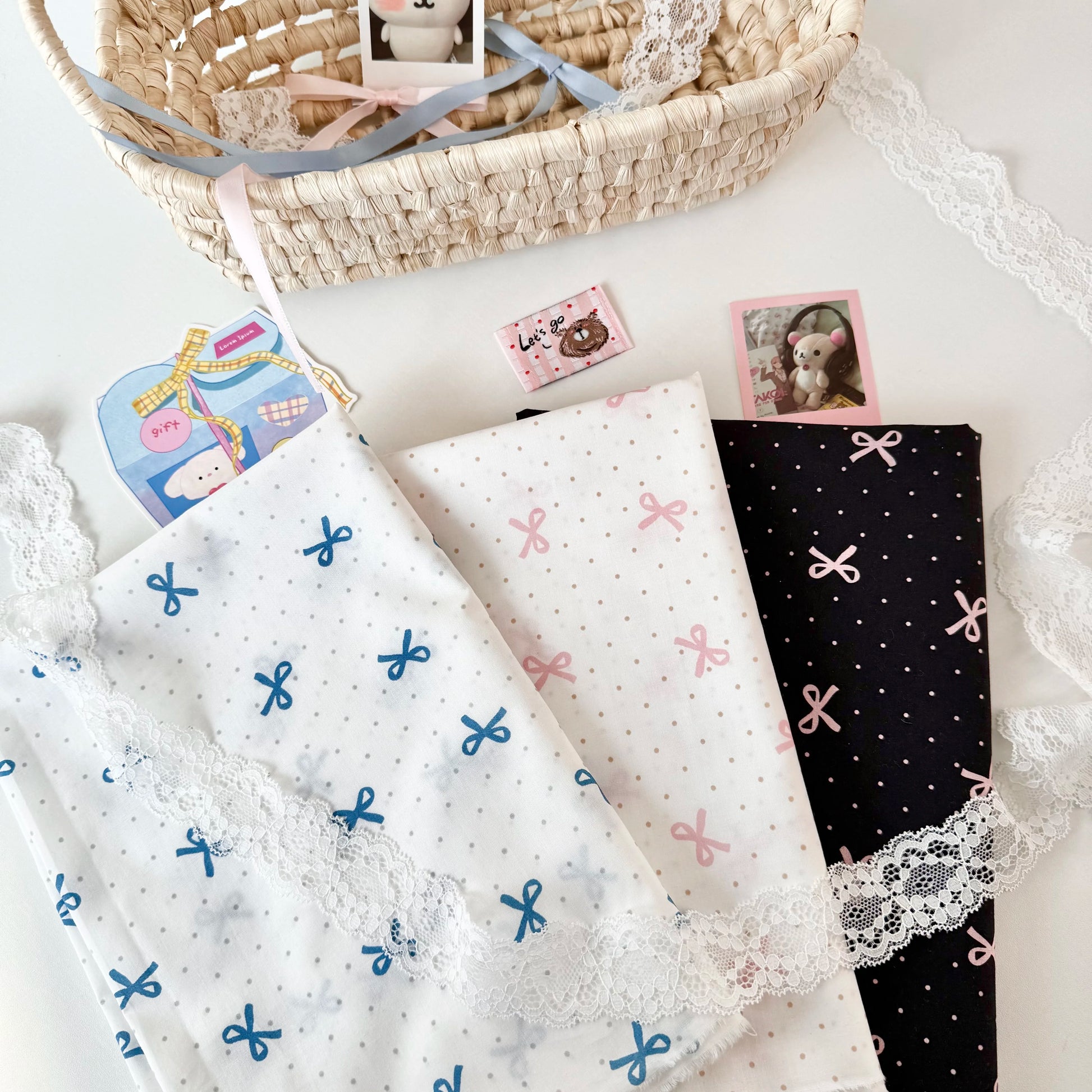 Cotton Fabric, Bow & Polka Dot Prints, for Homewear, Dollwear & Scrunchies