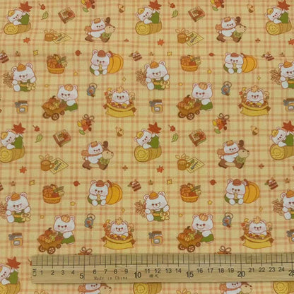 Autumn Woodland Bear Print Cotton-Linen Fabric, Cozy Fall Cloth for DIY & Decor - Yellow Grid