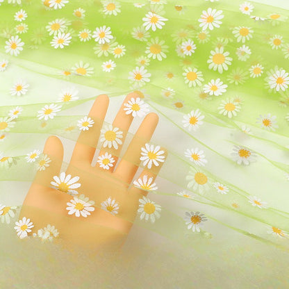 Daisy Print Polyester Gauze Fabric, Sheer Floral Mesh for Wedding & Apparel - Light Green