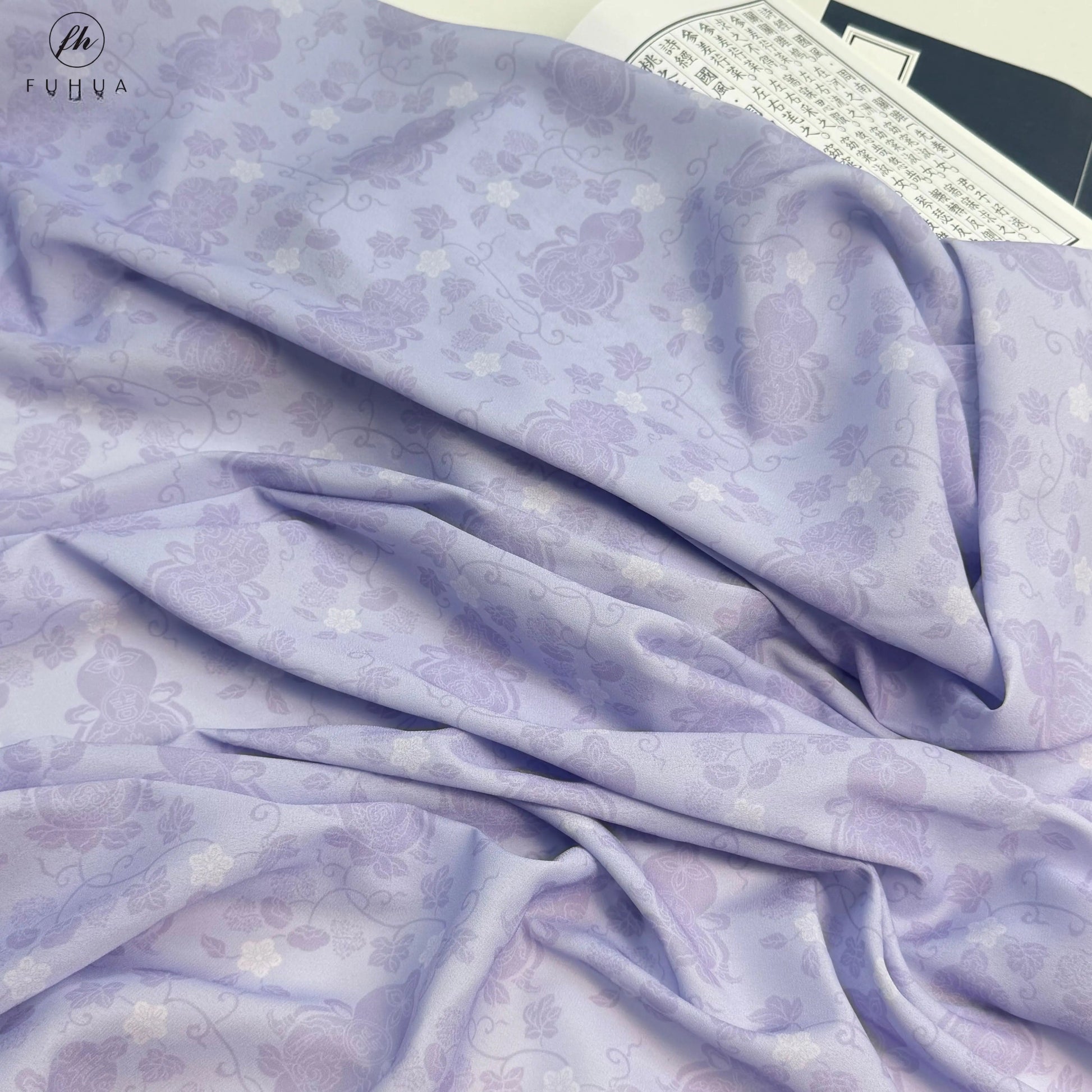 Chiffon Print Fabric with Gourd Vines, Sheer Polyester Cloth for Hanfu & Apparel - Frost Purple