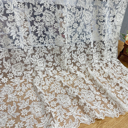 White Embroidered Lace Mesh Fabric for Bridal & Girls' Dresses - As Shown