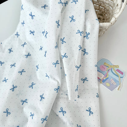 Cotton Fabric, Bow & Polka Dot Prints, for Homewear, Dollwear & Scrunchies - White & Blue