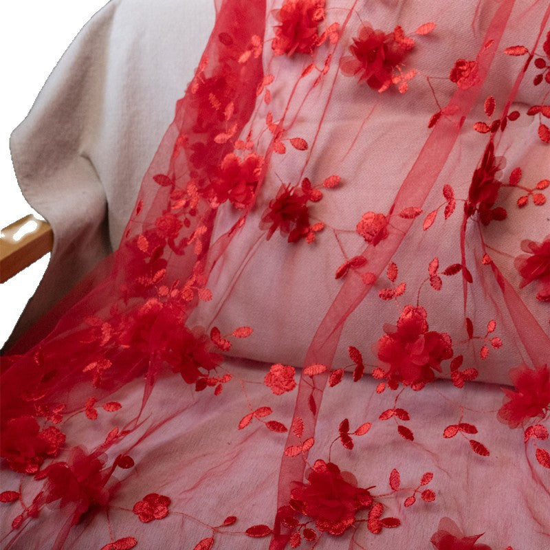 Polyester Mesh Fabric with 3D Appliqué Embroidery, 100 g/m², 150 cm Wide, for Dresses, Kids' Fashion & Craft - Red