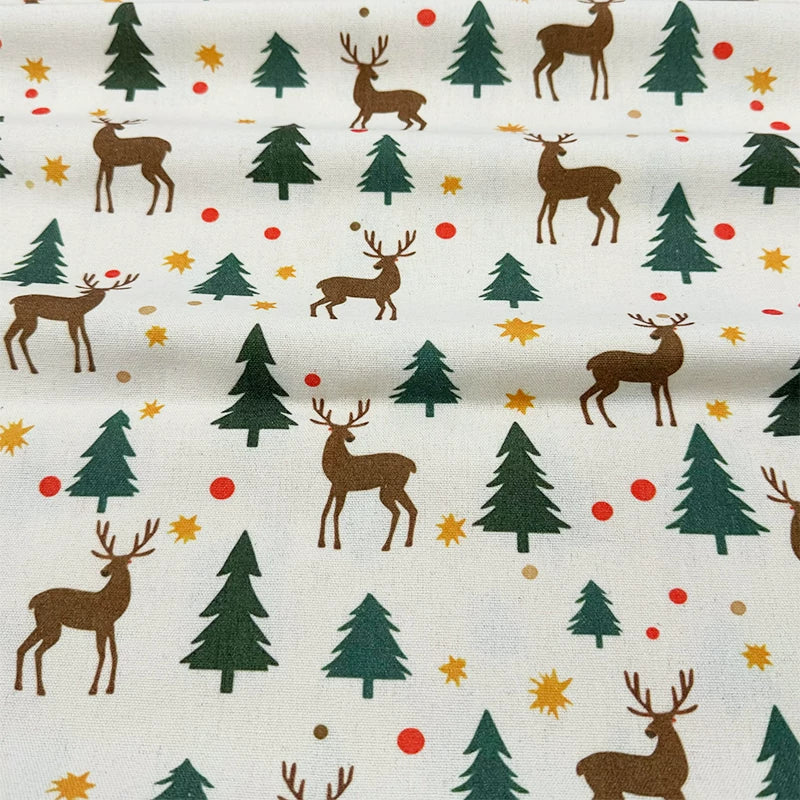 Christmas Print Cotton-Linen Fabric, Encrypted Woven Cloth for Decor & DIY - Reindeer Forest White