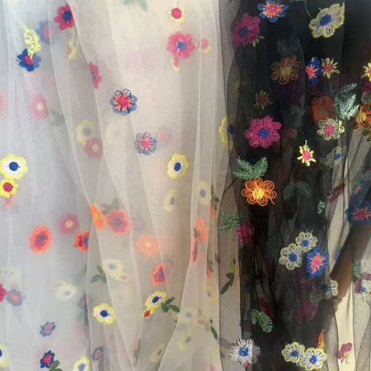 Polyester Mesh Fabric with Chrysanthemum Embroidery, 100 g/m², 135 cm Wide, for Kids' Dresses, Lolita & Craft