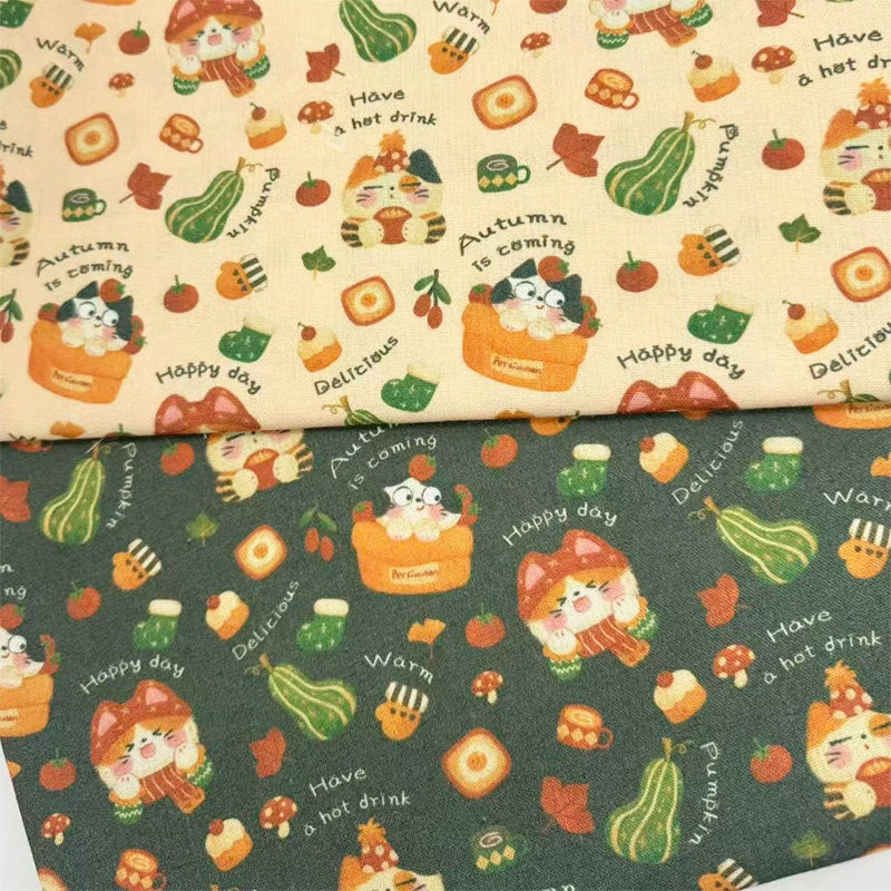 Autumn Cat Print Cotton Linen Fabric for DIY, Tablecloths & Cat Beds