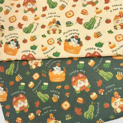 Autumn Cat Print Cotton Linen Fabric for DIY, Tablecloths & Cat Beds