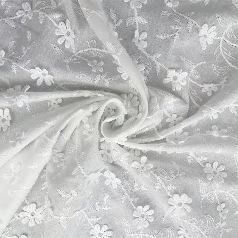Cotton Fabric with Dimensional Floral Embroidery, 80 g/m², 130 cm Wide, for Kids' Clothing, Dresses & Craft