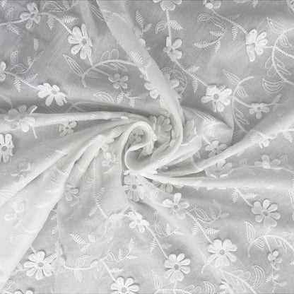 Cotton Fabric with Dimensional Floral Embroidery, 80 g/m², 130 cm Wide, for Kids' Clothing, Dresses & Craft