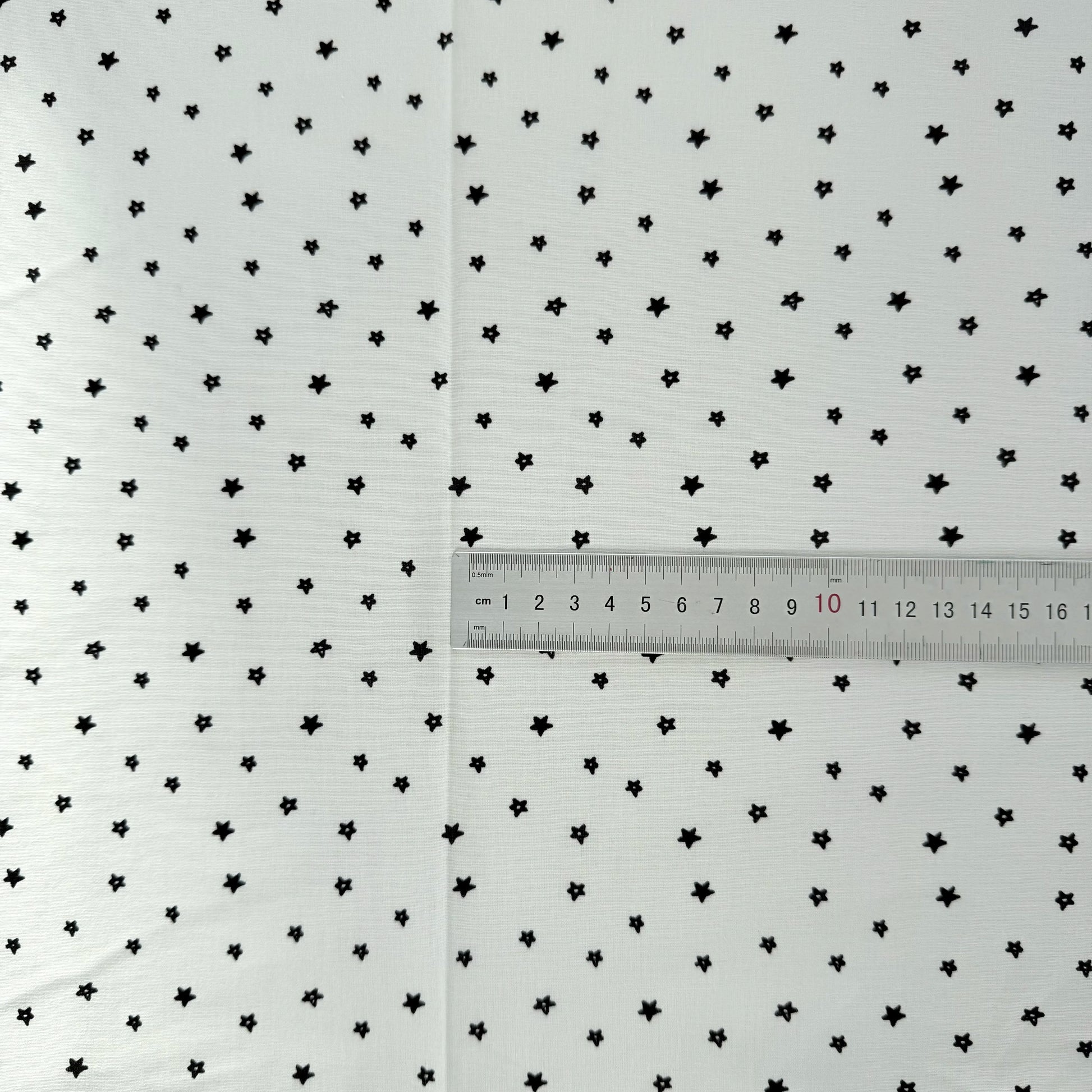 Cotton Print Fabric, Black & White Motifs, for Dollwear, Tablecloths & Scrunchies - Black Star Print