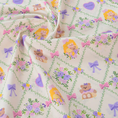 Vintage Floral Cotton Fabric, 60s Print Cloth for Kids Dresses & Dolls - Summer Bear Dream