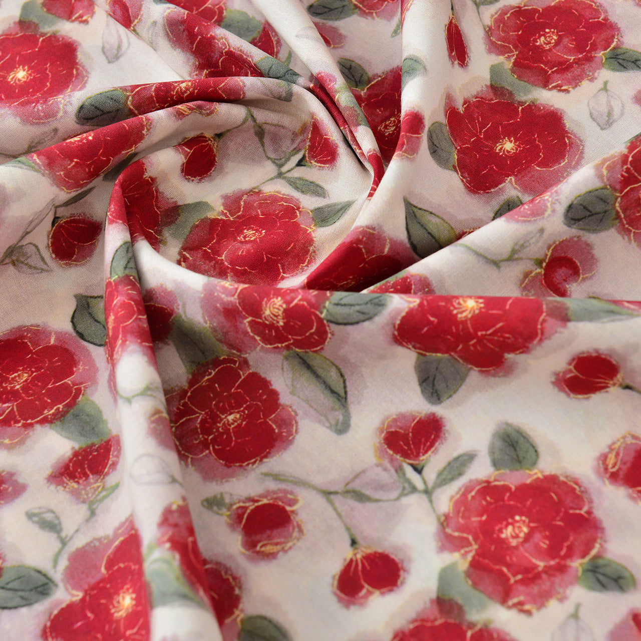 Gold Thread Floral Cotton Fabric - Dress Apparel by the Yard - Red Gold Floral