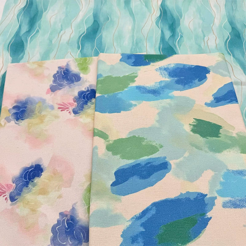 Watercolor Print Cotton Linen Fabric for Tablecloths & Door Curtains
