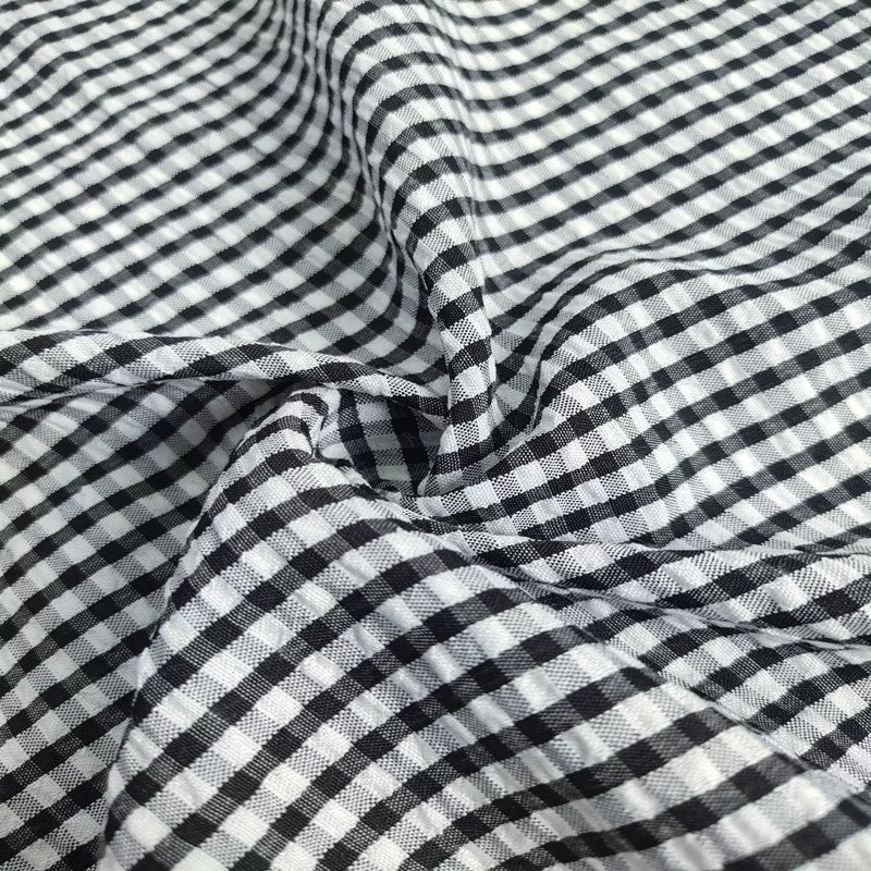Seersucker Plaid Fabric, Cotton Blend for Shirts, Dresses & Summer Sewing - Black Plaid