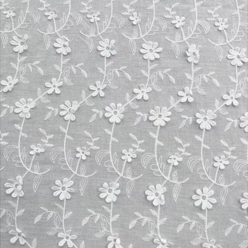 Cotton Fabric with Dimensional Floral Embroidery, 80 g/m², 130 cm Wide, for Kids' Clothing, Dresses & Craft