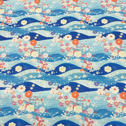 Japanese Floral Print Cotton Linen Fabric for Curtains & Decor - Large Blue Floral