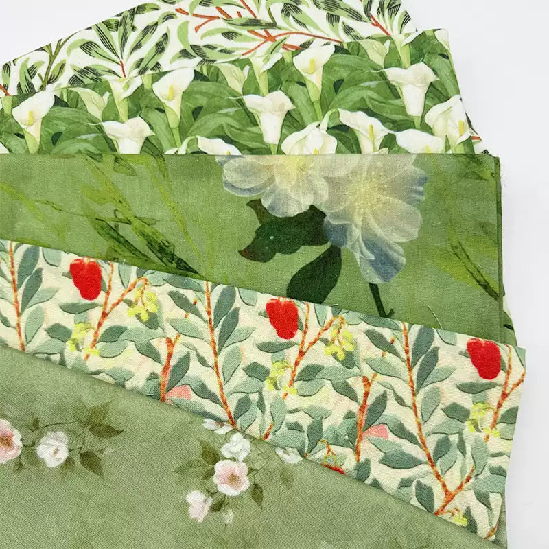 Green Botanical Print Cotton-Linen Fabric, Encrypted Woven Cloth for Decor & Apparel