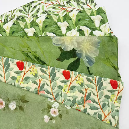 Green Botanical Print Cotton-Linen Fabric, Encrypted Woven Cloth for Decor & Apparel