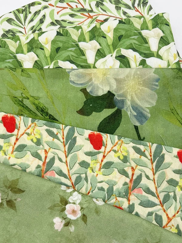 Green Botanical Print Cotton-Linen Fabric, Encrypted Woven Cloth for Decor & Apparel