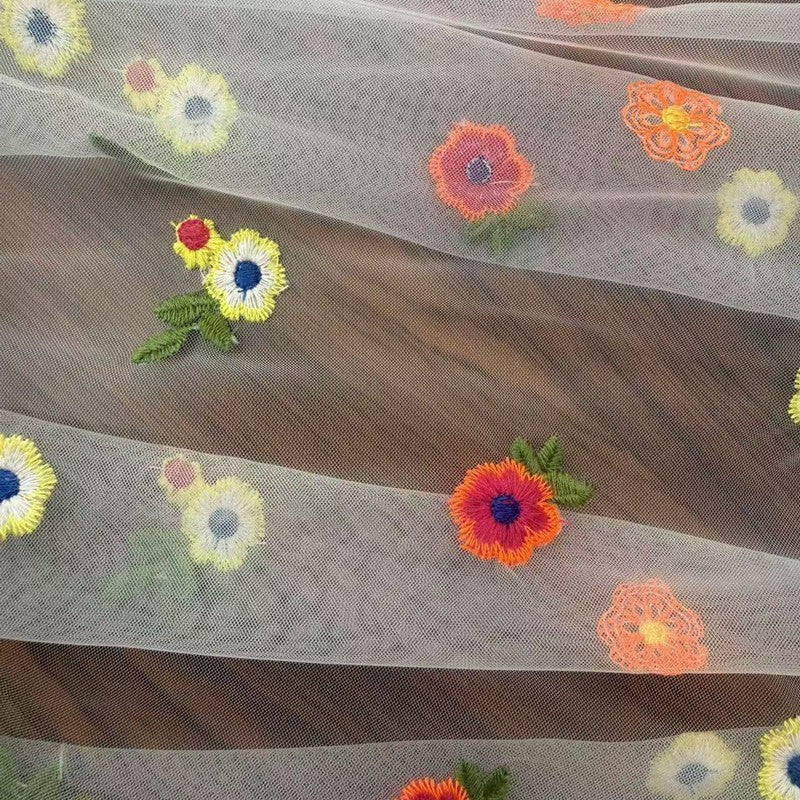 Polyester Mesh Fabric with Chrysanthemum Embroidery, 100 g/m², 135 cm Wide, for Kids' Dresses, Lolita & Craft