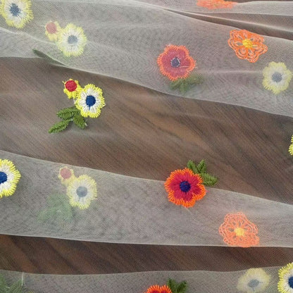 Polyester Mesh Fabric with Chrysanthemum Embroidery, 100 g/m², 135 cm Wide, for Kids' Dresses, Lolita & Craft