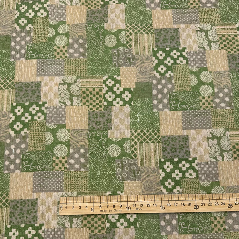 Japanese Geometric Floral Cotton Linen Fabric for Tablecloths - Light Green