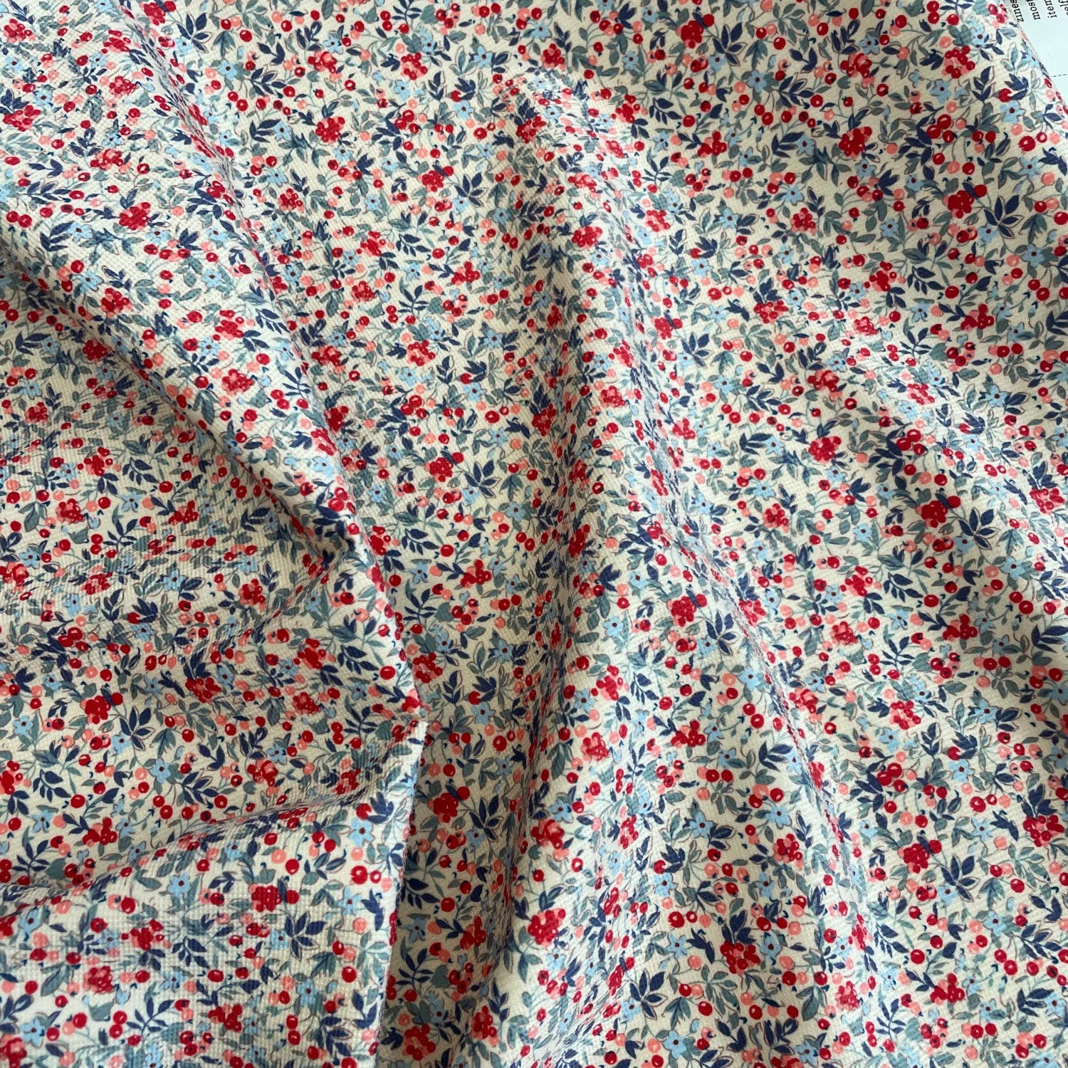 Printed Cotton Corduroy Fabric, for Dresses & Cushions - Corduroy Tiny Floral Beige