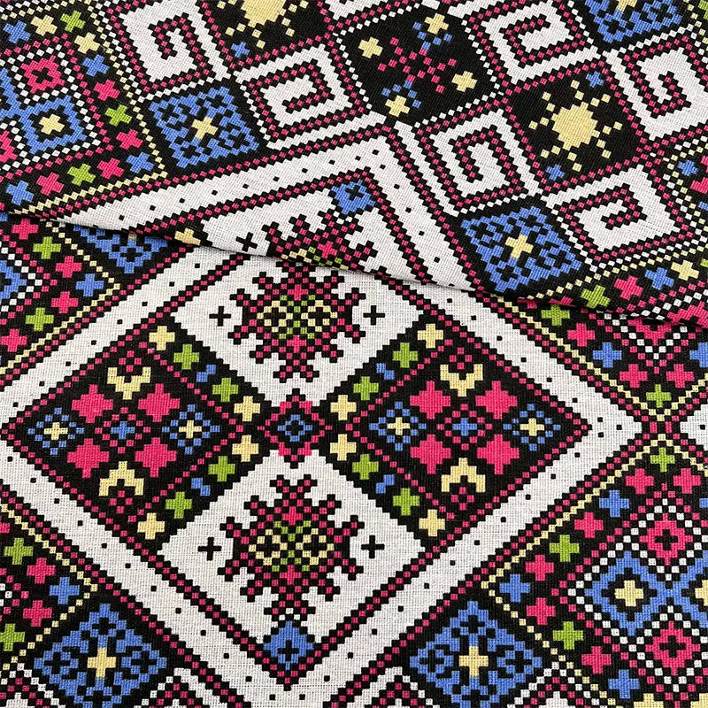 Ethnic Style Tablecloth Fabric, Linen-look Cloth for Dining & Home Decor - Ethnic Plaid