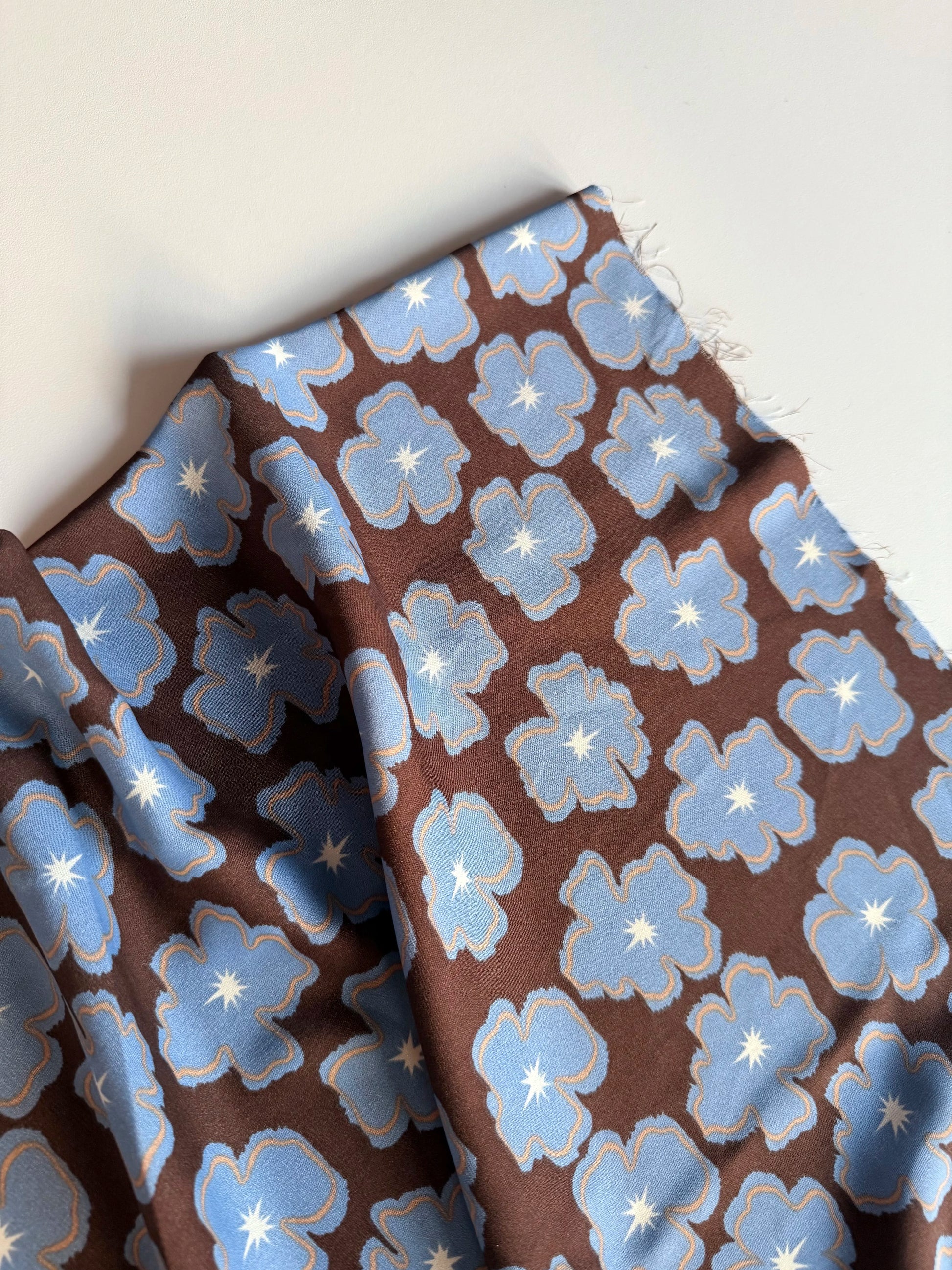 Polyester Satin Print Fabric, Blue Brown Floral, for Dresses, Blouses & Skirts