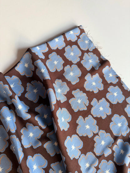 Polyester Satin Print Fabric, Blue Brown Floral, for Dresses, Blouses & Skirts