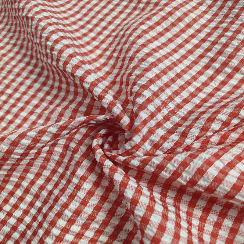 Seersucker Plaid Fabric, Cotton Blend for Shirts, Dresses & Summer Sewing - Red Plaid