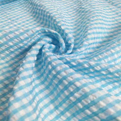 Seersucker Plaid Fabric, Cotton Blend for Shirts, Dresses & Summer Sewing - Ocean Blue Plaid