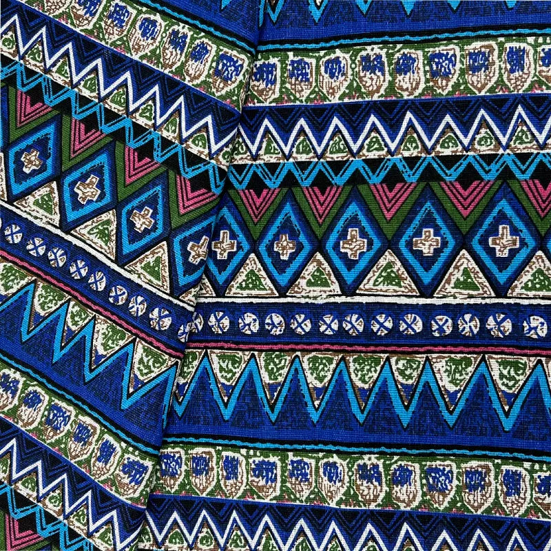 Ethnic Style Tablecloth Fabric, Linen-look Cloth for Dining & Home Decor - Ethnic Blue