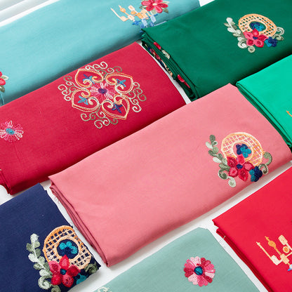 Embroidered Slub Cotton Fabric, Lightweight Woven Cloth for Shirts & Dresses