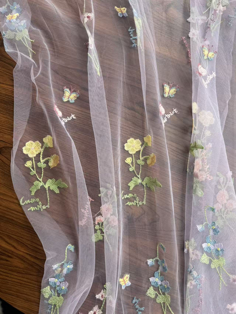 Polyester Mesh Fabric with Butterfly Embroidery, 90 g/m², 150 cm Wide, for Dresses, Blouses & Craft - Purple