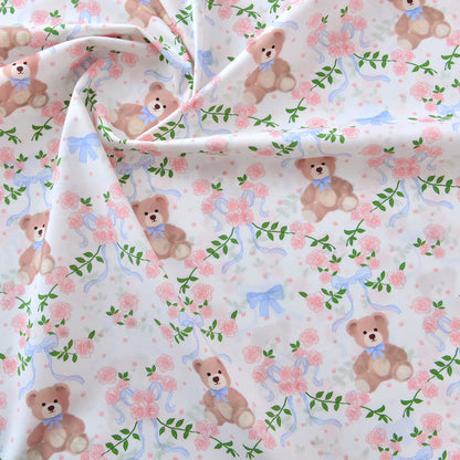 Vintage Floral Cotton Fabric, 60s Print Cloth for Kids Dresses & Dolls - Candy Bear