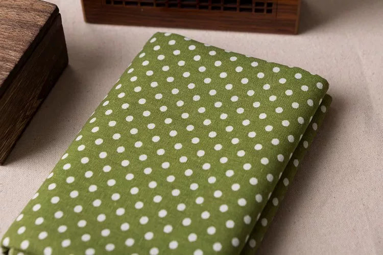 Green Linen Cotton Check Fabric for Bedding, Tablecloths & Crafts - Green Polka Dot