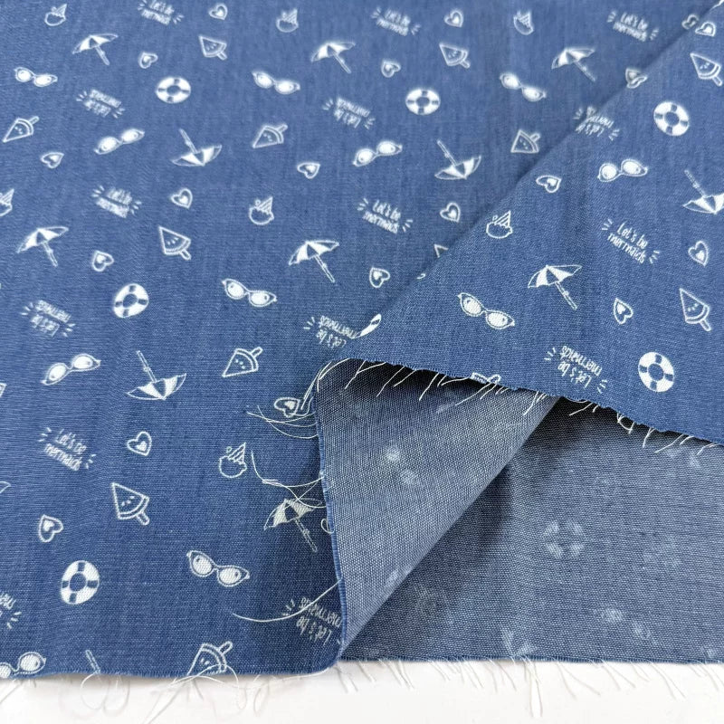 Cotton Denim Fabric, Washed Prints, for Dresses, Shirts & DIY - Summer Beach Sky Blue