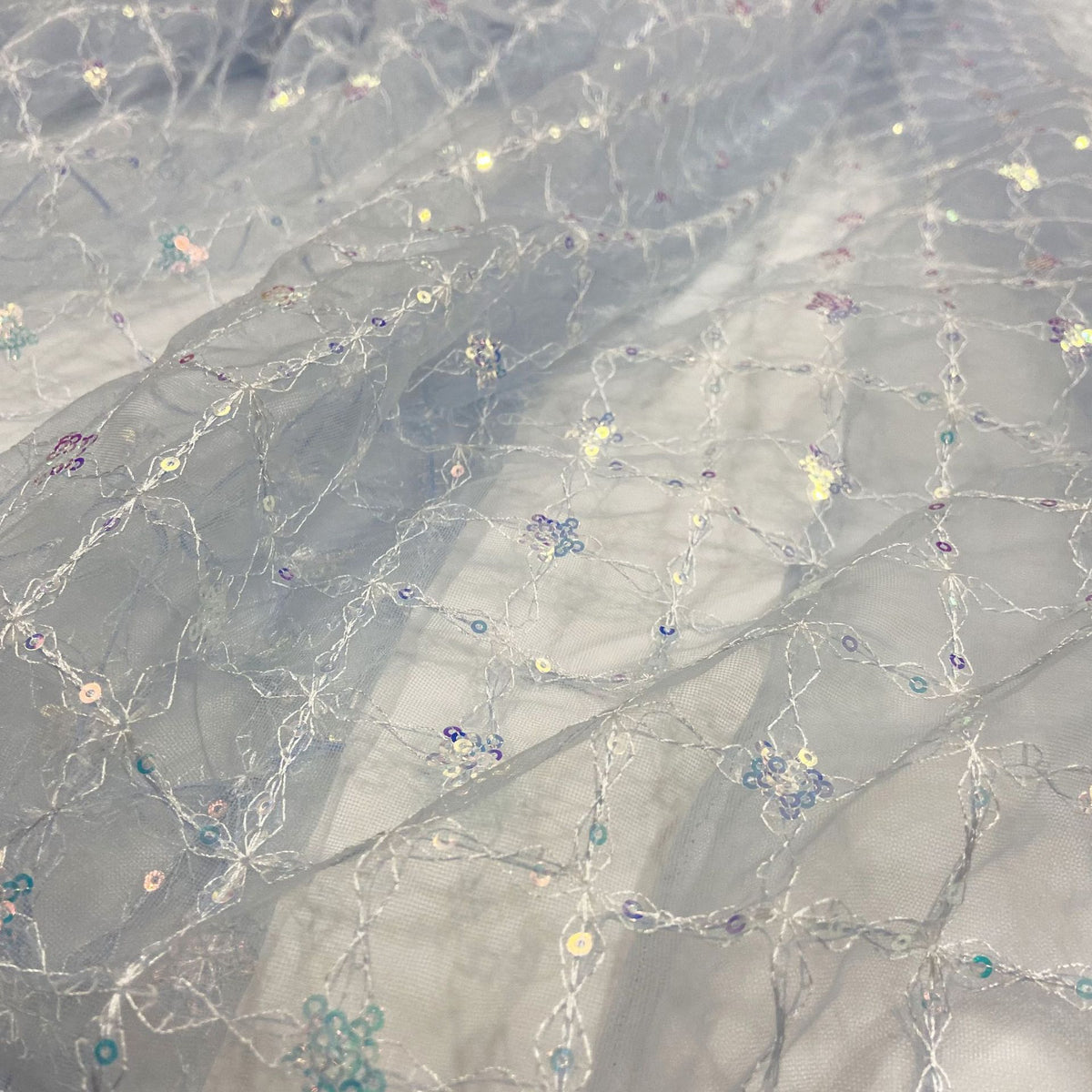 Sequin Embroidery Mesh, Diamond Grid for Apparel, 51 in Wide - Light Blue