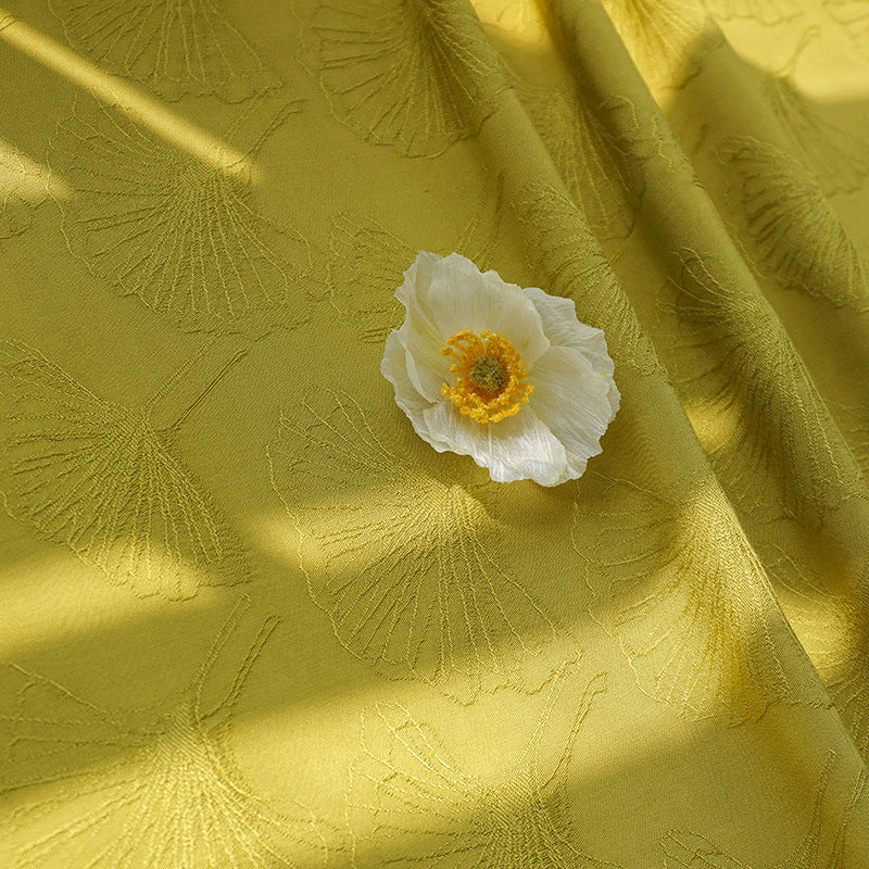 Vintage Rayon Ginkgo Leaf Jacquard Fabric, Fluid Drape - Yellow & Willow Yellow