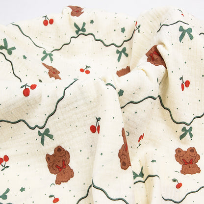 Double Crinkle Gauze Cotton, Baby Heart Print Cloth for Blankets & Bibs - Cherry Brown Bear