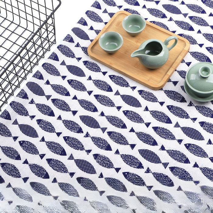 Japanese Wave Cotton-Linen Print Fabric, Woven Home & Apparel Cloth - Impression Fish