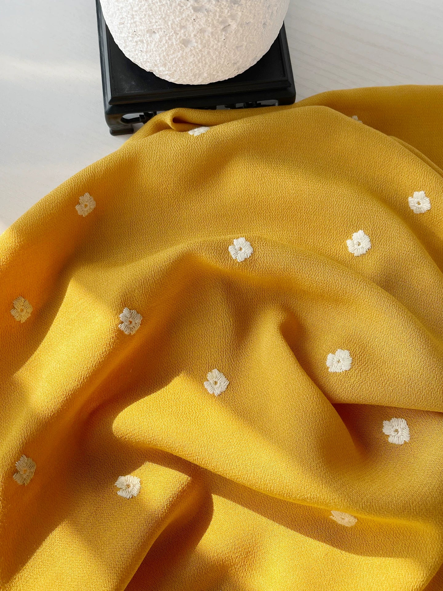 Light Yellow Embroidered Cotton Fabric for Shirts, Dresses & Scarves