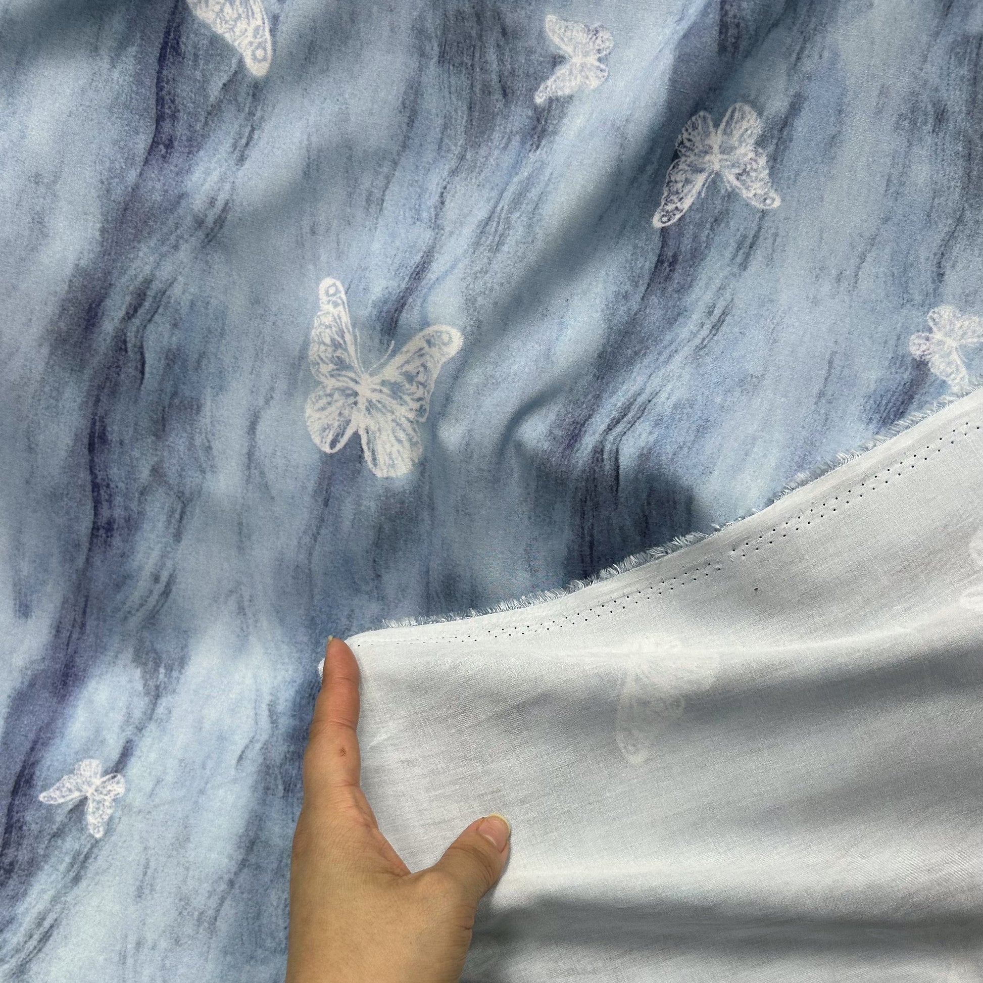 Rayon Fabric, Blue Butterfly Print, for Qipao & Dresses