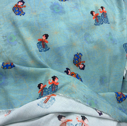 Rayon Fabric, Blue Tang Figure Print, for Vests & Dresses