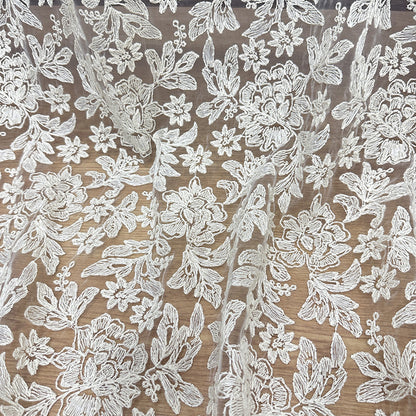 White Embroidered Lace Mesh Fabric for Bridal & Girls' Dresses
