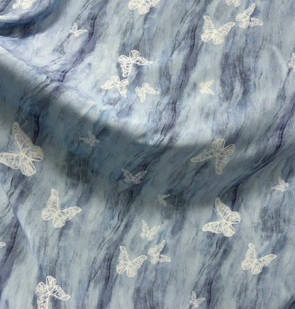 Rayon Fabric, Blue Butterfly Print, for Qipao & Dresses