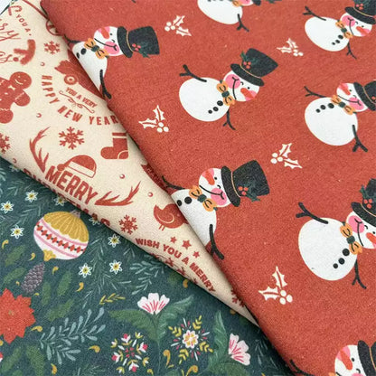 Christmas Print Cotton-Linen Fabric, Encrypted Woven Cloth for Decor & DIY