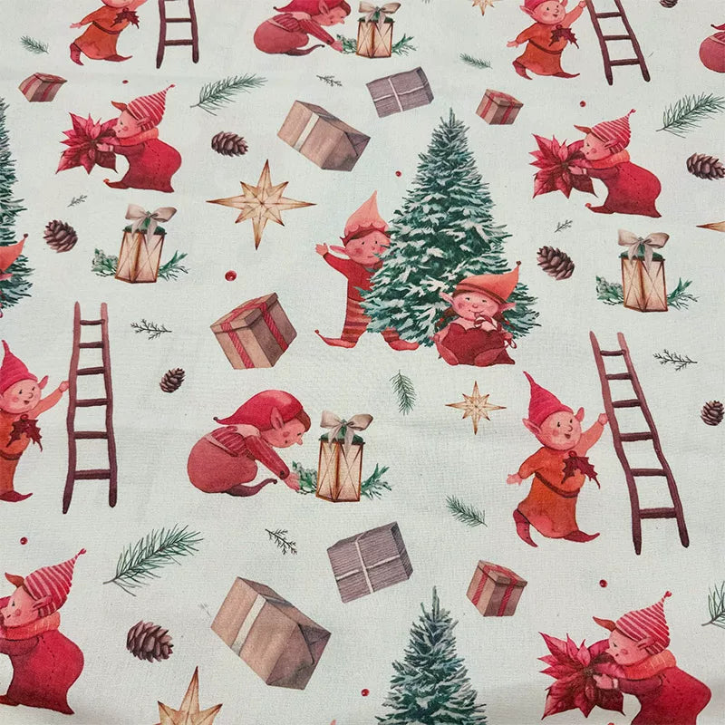 Christmas Print Cotton-Linen Fabric, Encrypted Woven Cloth for Decor & DIY - Elf Dwarf