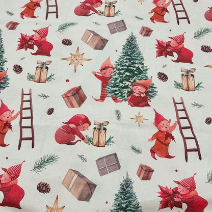 Christmas Print Cotton-Linen Fabric, Encrypted Woven Cloth for Decor & DIY - Elf Dwarf